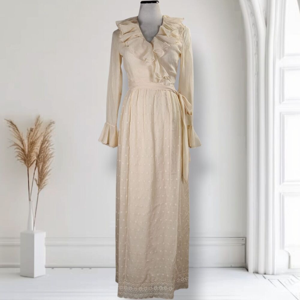 Vintage 70s Ruffle Neck Maxi Dress Size 4 Cream Eyelet Voile Bell Sleeve